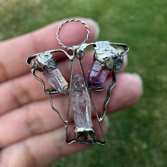 VTG Brooch Pin‎ Pendant 2" Angel Halo Quartz Crystals Artisan 925 Sterling 12.1g - Picture 1 of 8